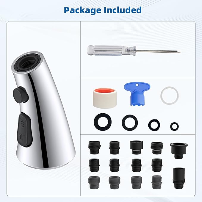 Hibbent Curved Pull Down Kitchen Faucet Head Replacement, 3-Function Kitchen Sink Spray Nozzle with 14 Adapters, Anti-Splash, Compatible with Kohler Bent Faucets, Chrome