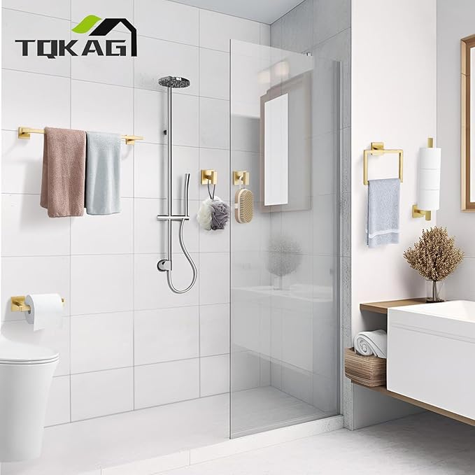 TQKAG 7-Pieces Brushed Gold Bathroom Hardware Accessories Set 23.6" SUS304 Stainless Steel Towel Bar Set Toilet Paper Spare Rolls Storage Holder Wall Mounted