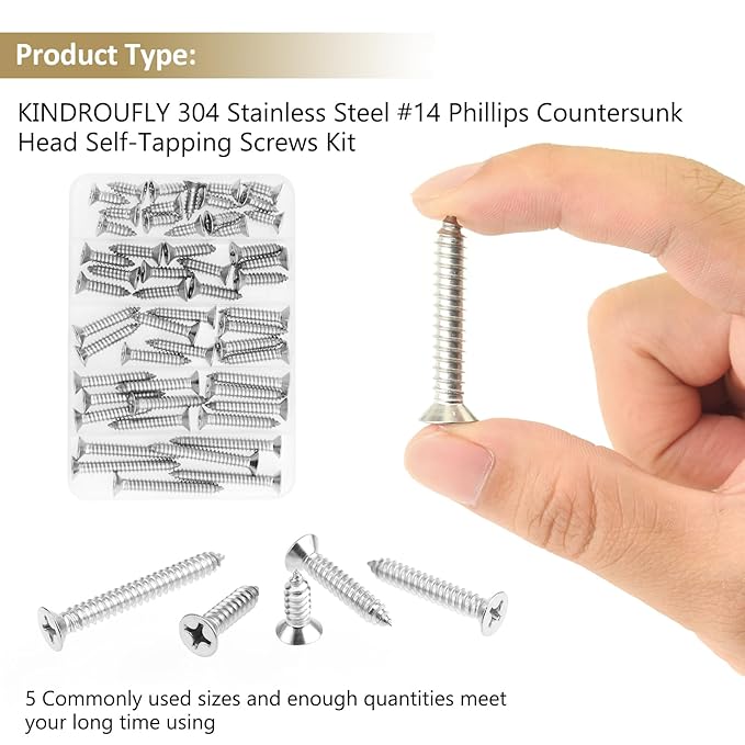 54 Pieces #14 x 3/4" 1" 1-1/4" 1-1/2" 2" Phillips Countersunk Head Self-Tapping Screws, Wood Screws Assortment Kit, 304 Stainless Steel