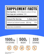 BulkSupplements.com Calcium Lactate Powder - Calcium Supplement, Calcium Lactate Food Grade - Calcium Lactate Supplement, 1500mg per Serving (200mg Calcium), 500g (1.1 lbs) (Pack of 1)