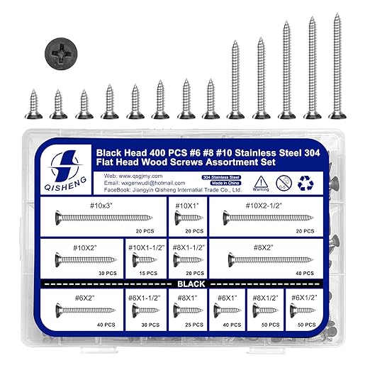 QISHENG 400 PCS Black Head #6#8#10 Stainless Steel Phillips Flat Head Wood Screws Assortment Set,Stainless Steel 18-8 A2(304) Screw,Home Screw Kit