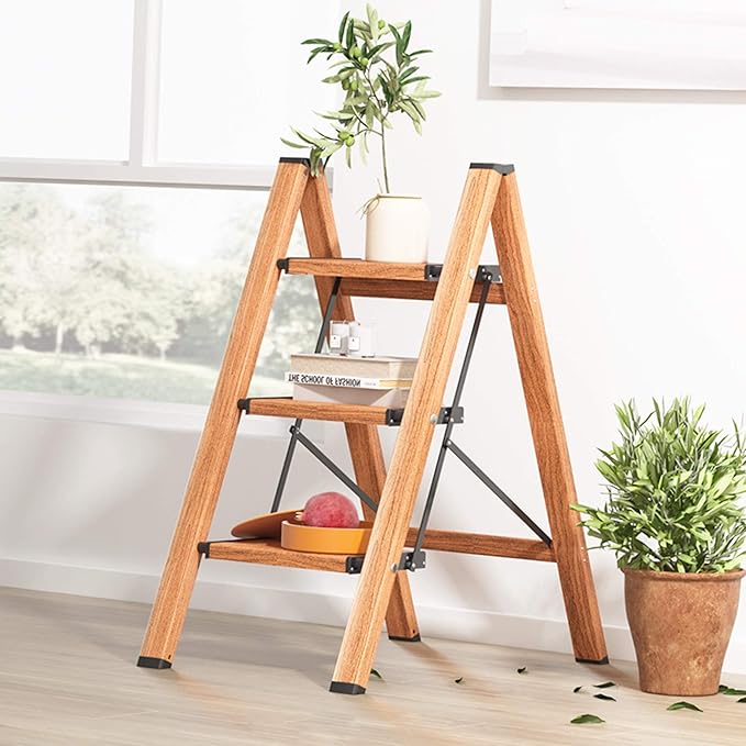 3 Step Ladder, Folding Step Stool with Anti-Slip Wide Sturdy Pedal, Multi-Use for Home and Kitchen Use, Space Saving-Woodgrain(300 lbs Capacity)