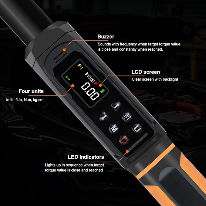 Digital Torque Wrench 1/2 Drive, 3.8-250.8 Ft.lb Range, 1/2 Digital Torque Wrench ±1% Accuracy with Vibration, Buzzer and LED Alert, Suitable for Car, Motorcycle and Bicycle