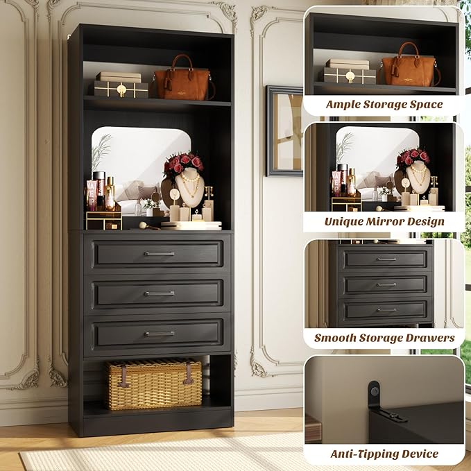 Unikito 25”Freestanding Closet System with 3 Drawers, Organizer Wardrobe with Storage Shelves and Mirror, Sturdy Wood Walk-in Organizer Systems for Small Closets, 25" W x 16" D x 80" H, Black