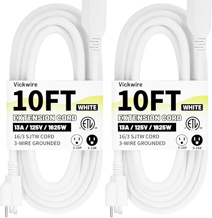 16/3 White Indoor Outdoor Extension Cord 10 Ft 2 Pack Waterproof, Heavy Duty Extension Cord with 3 Prong Grounded Plug,13A 1625W 16AWG SJTW, Flexible Weatherproof Power Cable