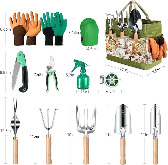 Gardening Tools 13 PCS Stainless Steel Heavy Duty Garden Tool Set with Storage Tote Bag, Knee Pads, Squirt Bottle and Gloves, Gardening Hand Tool Gifts Kit for Women Men