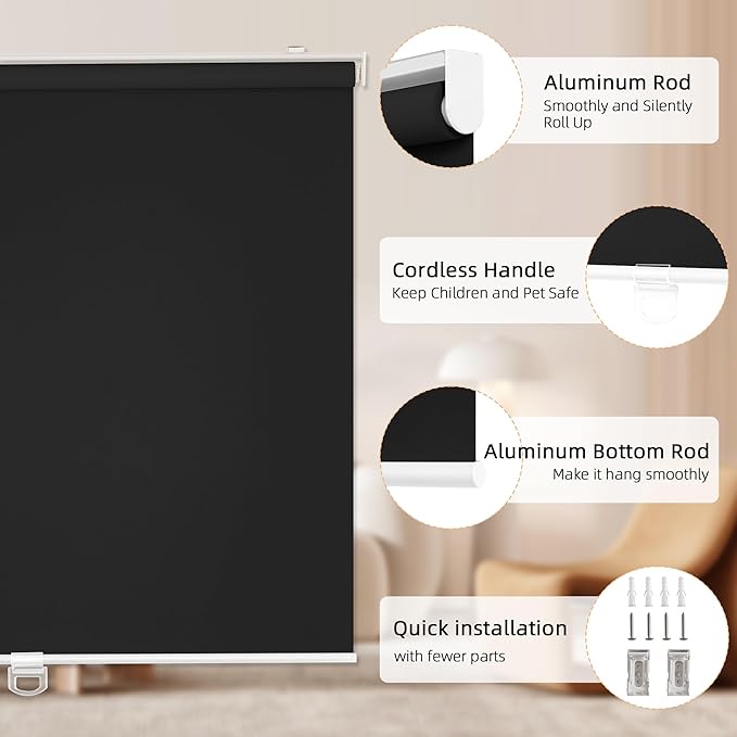 ChrisDowa Cordless Blackout Roller Shades for Windows, Thermal Insulated UV Protection Pull Down Shades, Total Blackout Window Blinds for Home, Office, Bedroom, Door (34" W x 72" H, Black)