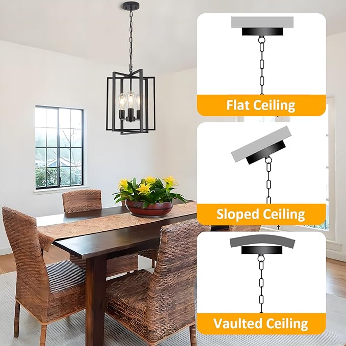 Black Farmhouse Modern Chandelier Light Fixture for Dining Room, 3 Light Rustic Kitchen Island Metal Pendant Hanging, Adjustable Geometric Foyer Light Fixtures for Entryway Hallway Living Room