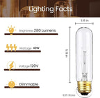 6 Pack T10 Tubular Light Bulbs, 40W Bulb, Clear Incandescent, E26 Medium Base, Warm White, Dimmable Vintage Tubular Style Showcase Bulb