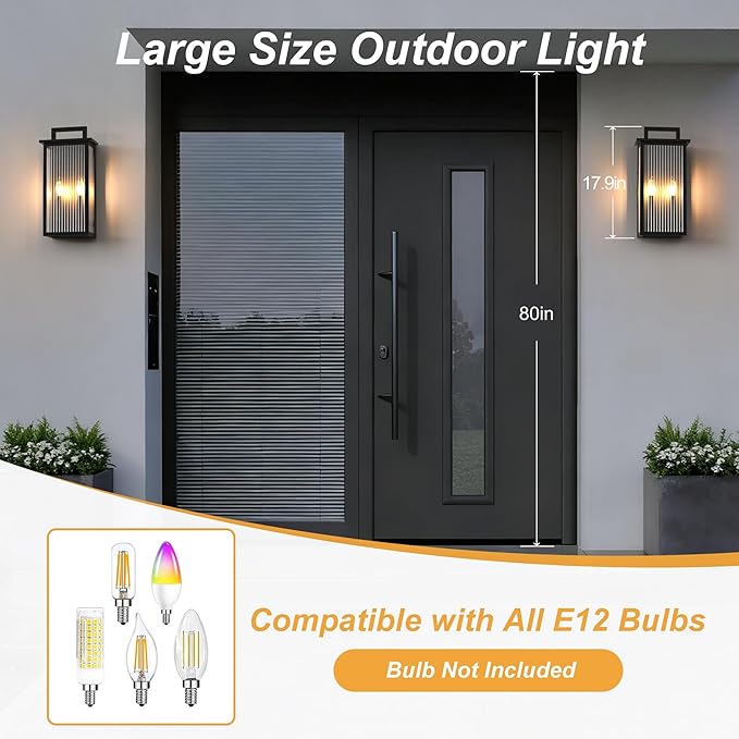 17.92INCH Large Outdoor Wall Lights, Dusk to Dawn Outdoor Lighting with Elegant Striped Glass, Waterproof Exterior Lighting Fixtures Modern Outside Sconce for Porch, Patio, Doorway