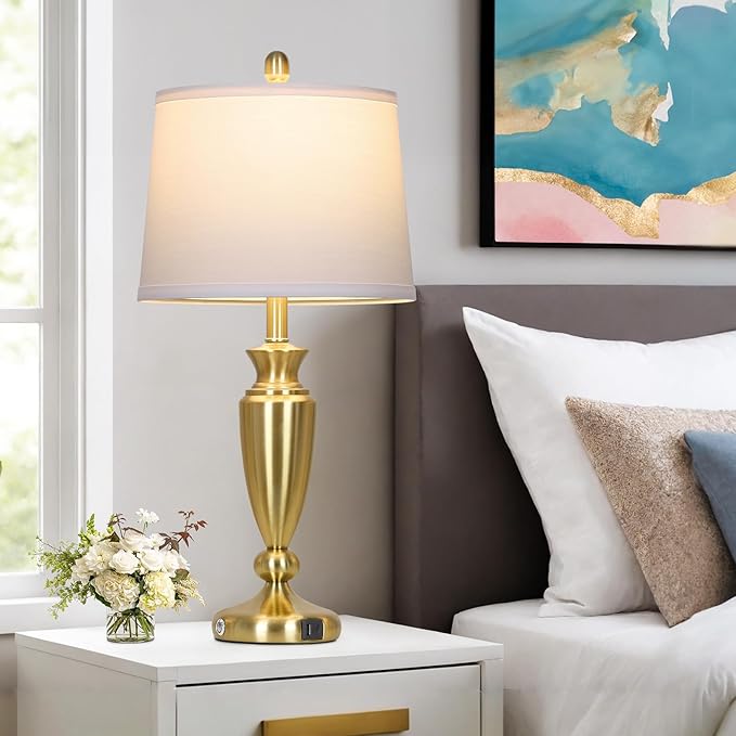 27'' Gold Table Lamps for Living Room with White Lampshade, 3 Way Touch Control Bedside Lamps Set of 2 with USB A+C Ports, Modern Metal Nightstand Lamp for Bedroom Office End Table