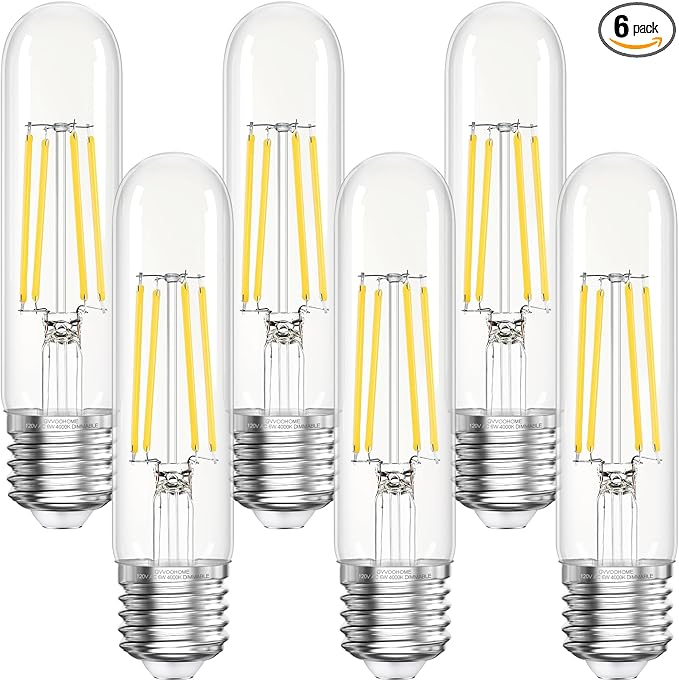 Tubular LED Edison Bulb Dimmable 4000K Neutral White, 6W, 60 watt Equivalent, E26 LED Light Bulbs, T10 Edison Bulbs for Chandeliers, Ceiling Fan, 90+CRI 600LM, 6 Pack