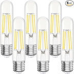 Tubular LED Edison Bulb Dimmable 4000K Neutral White, 6W, 60 watt Equivalent, E26 LED Light Bulbs, T10 Edison Bulbs for Chandeliers, Ceiling Fan, 90+CRI 600LM, 6 Pack