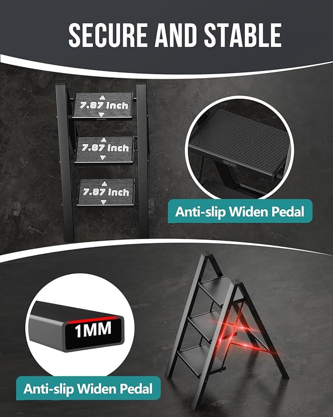 WOA WOA Step Ladder, Portable Lightweight Home Ladder, Folding Step Stool with Widening Pedals, Kitchen Stepladder, Space Save, Easy to Store, 300 lbs Capacity (3 Step, Black)