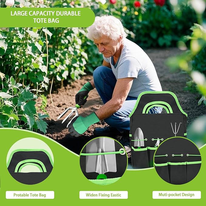 11Pcs Heavy Duty Gardening Tool Set, Shovel Stainless Steel with Non-Slip Rubber Grip, Canvas Storage Bag for Women Gardeners Pruning Shears Plant Care Weeding Tools