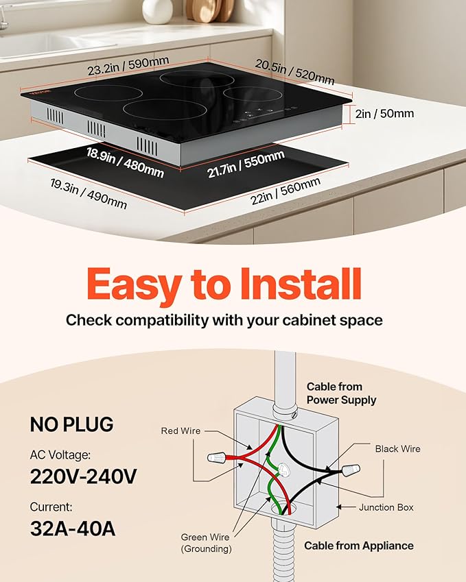 VEVOR LT4-77 Built in Electric Ceramic 23.2 x 20.5 inch Stove Top, 240V Glass Radiant Cooktop with Touch Control, Timer & Child Lock, 9 Power Levels for Simmer Steam Slow Cook Fry, 24IN 4-Burners