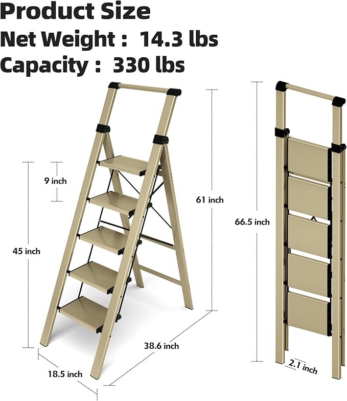 HillhutApex 5 Step Foldable Aluminum Step Ladder with Handgrip, Anti-Slip Pedal, 330 lbs Capacity, Lightweight & Portable for Home, Kitchen, Office, Garage (Gold)