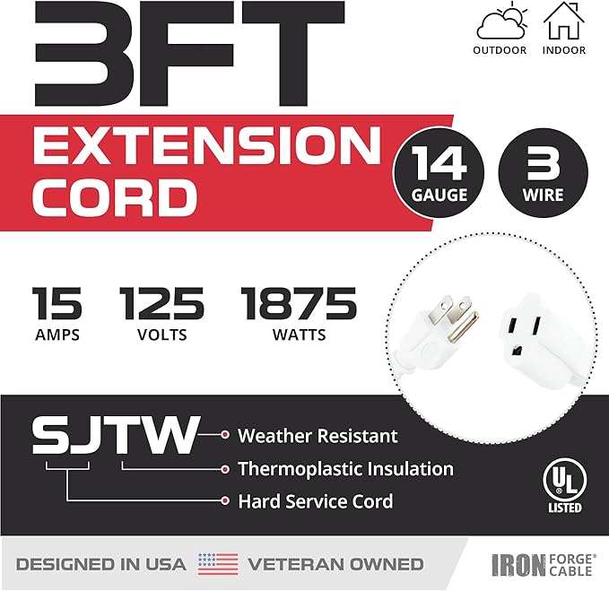 Iron Forge Cable Weatherproof 3 Ft Outdoor Extension Cord - 14/3 SJTW Heavy Duty White Extension Cord 3 Prong - 15 Amp Exterior Power Cable