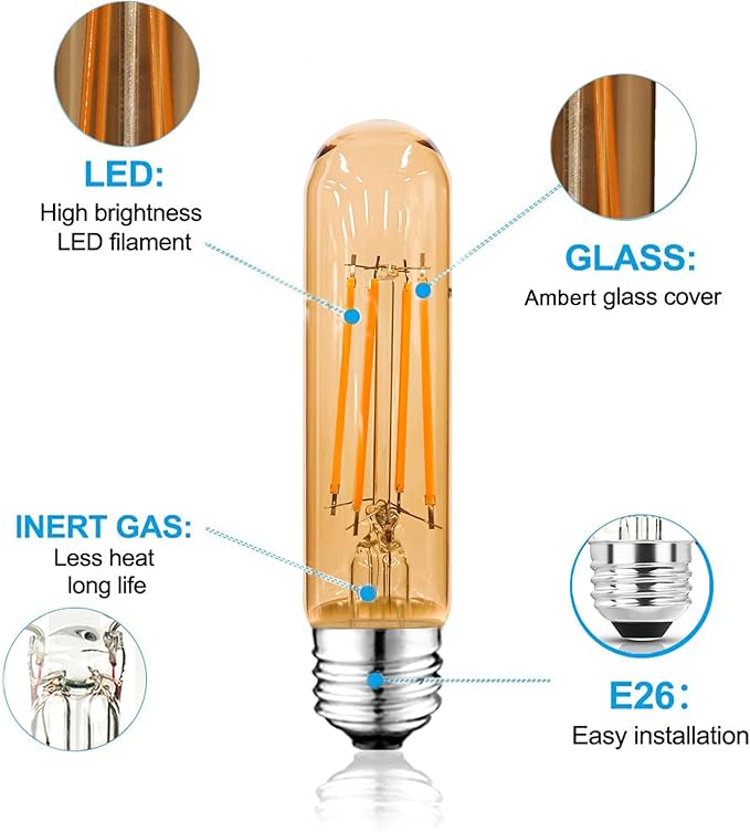 5 Inch E26 Led Bulb Equal 80 Watt, 2200K Amber White Vintage Edison Bulb 6W Dimmable, 800LM T10 T9 Glass Tubular Light Bulbs AC 120V for Chandelier Pipe Pendant Wall Light - UL Cert 6Pack