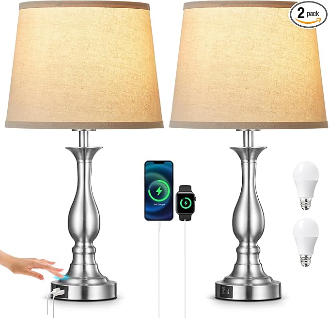 Bedside Table Lamp Touch Control Bedroom Lamps with USB-C USB-A Charging Port 3 Way Dimmable Touch Lamps for Nightstand Living Room Bedroom Dorm Home Office Reading, Set of 2