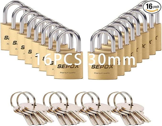 SEPOX® 16 Pcs Pack Solid Brass Padlock with Same Keys 24 Pcs, Heavy Duty & Compact Body 30mm 1-3/16", Small Lock & Key with Big Handle, Keyed Alike for gate, Gym Locker, Hasp, Tool Box