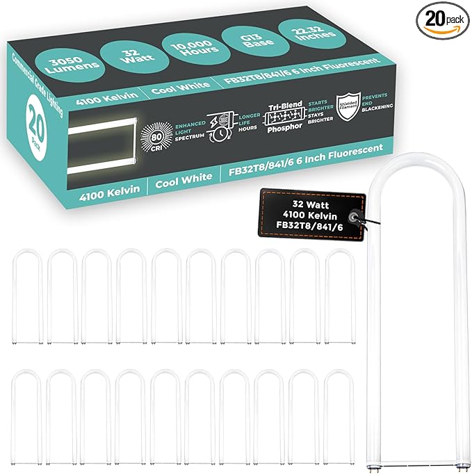 GoodBulb 32 Watt 6 Inch T8 Fluorescent U-Bend Light Bulb 4100K Cool White Medium Bi-Pin Base High Output 3050 Lumens 32W 10000 Life Hours 80 CRI (Pack of 20)