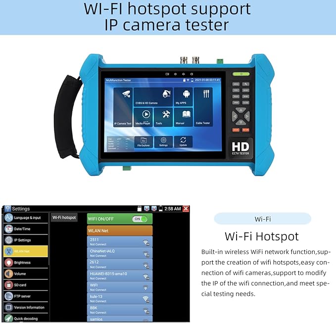 Koolertron 7" IPS Touch Screen 4K H.265 IP Camera Tester - POE/WiFi, CVBS Analog Tester, HDMI Output, RJ45 TDR, 8GB TF Card, Dual Window Test, Firmware Upgrade