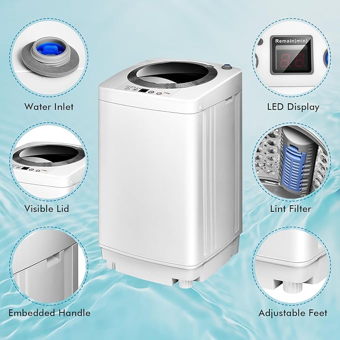 RELAX4LIFE Full-Automatic Portable Washing Machine, 8 LBS Capacity w/6 Programs & 3 Water Levels, LED Display, Drain Pump, Compact Laundry Washer and Dryer Combo for Home, Dorm, Apartment, RV, Camping