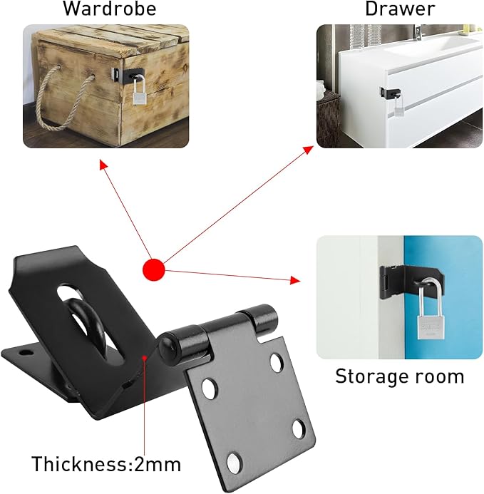 HOWDIA 4 Inch Door Hasp Latch 90 Degree, Stainless Steel Safety Right Angle Padlock Hasp Locking Latch Security Door Clasp Hasp Lock Latch for Push/Sliding/Barn Door, 2mm Thick, Brushed Black