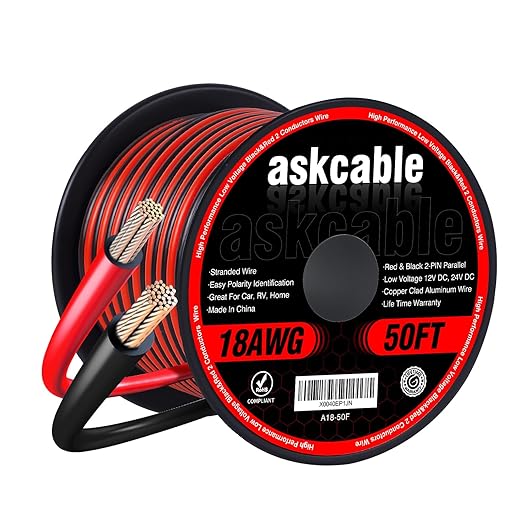 18Gauge 50FT Electrical Wire Cable Flexible Wire Extension Cord 18AWG Copper Clad Aluminum Copper Wire 2 Conductors Red Black Parallel Wire line Hookup LED Lighting Strips 12V/24V DC Cable