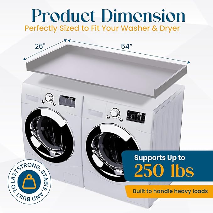 B&B HARDWARE Over Washer and Dryer Countertop - Heavy-Duty Laundry Countertop - Washer Dryer Shelf - Laundry Room Topper - Washing Machine Shelf with Silicone Pegs - Light Gray, 26 x 54