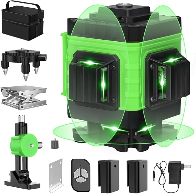Laser Level, Laser Level 360 Self Leveling, 3x360° Green Cross Line for Construction and Picture Hanging, 3D 12 Lines Laser Level Self Leveling Tool with Rechargeable Battery