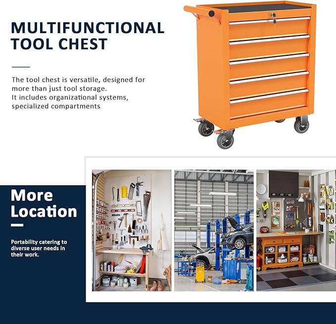 5-Drawer Metal Rolling Tool Chest with Wheels,Tool Storage Cabinet with Locking System，Toolbox with Wheels for Garage, Warehouse, Workshop, Repair Shop (Orange, 5Drawer)