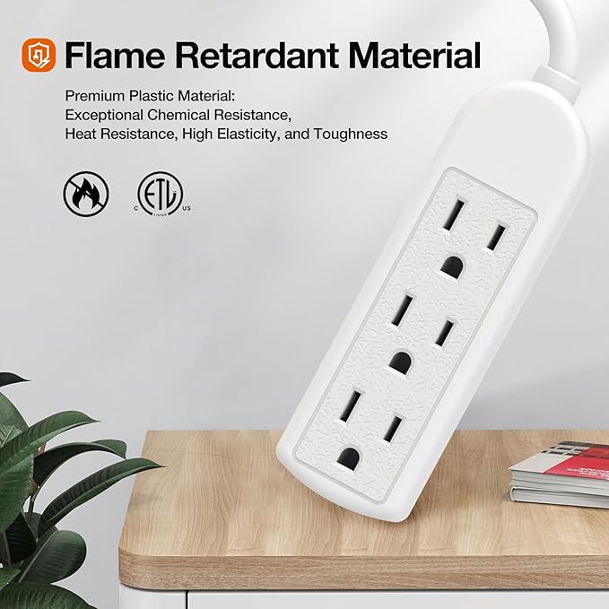 2-Pack Power Strip 3 Prong Outlet - Slim White 3 Grounded Outlets 1ft Heavy Duty Extension Power Cord Power Strip Ideal for Computer/Phone/Home/Office (13A/125V/1625W/ETL Listed)