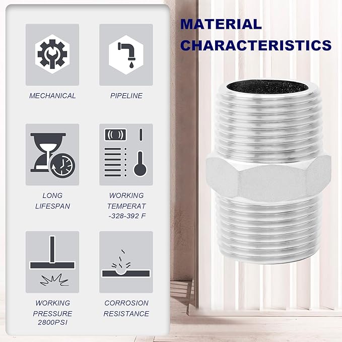 ChillWaves 304 Stainless Steel Pipe Fitting, Hex Nipple 1/4" NPT Male x 1/4" NPT Male Thread Adapter(6-PACK)