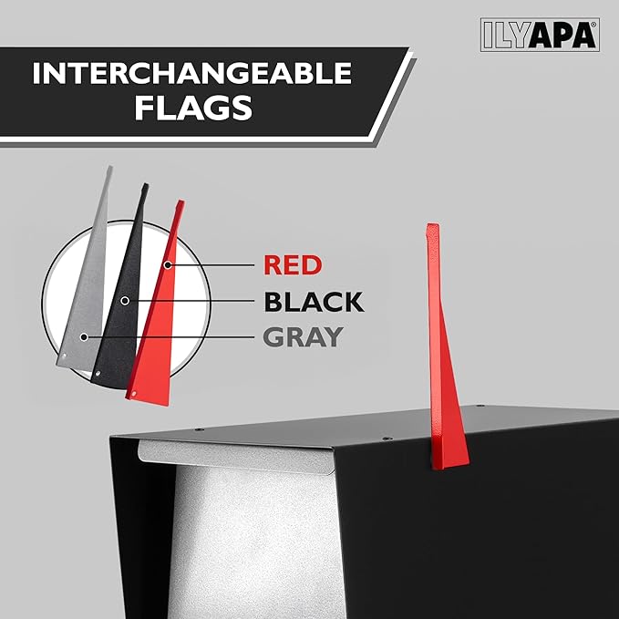 Ilyapa Modern Mailbox for Post Mount - Black with Gray Door Powder Coated Steel, Waterproof Letter Box for Parcels, with Recessed Magnetic Close Door