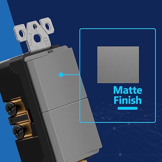 LIDER Minimalist Design Matte Finish Lighted Double Switch with Screwless Wall Plate, Combination Frameless Decorator Switch with Locator Light, Ground Terminal, Single Pole, 15A 120V, UL Listed, Gray
