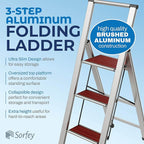 Step Ladder 3 Step Folding, Decorative - Beautiful Mahogany & Silver Aluminum, Ultra Slim Profile, Anti Slip Steps, Sturdy-Portable for Home, Office, Kitchen, Photography Use,by SORFEY