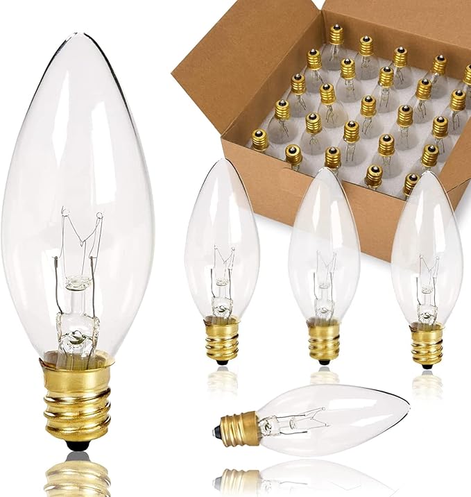 25 Pack Candle Light Bulbs C26 Torpedo Candelabra Bulbs 7 Watt Clear, E12 Base Bulbs for Chandelier Light Night Light Electric Window Candle Lamps ASIN
