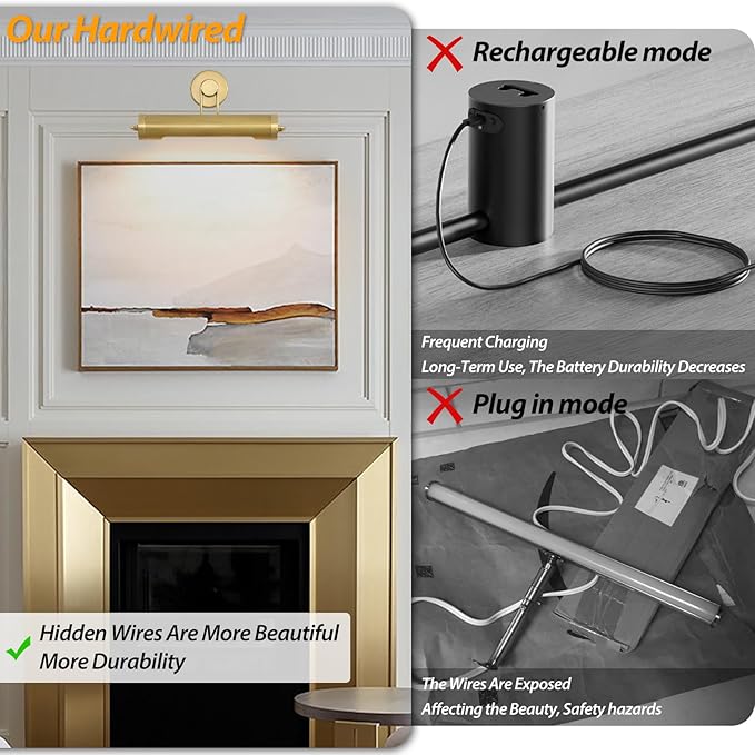 18in Picture Lights Hardwired Brass Picture Light, Gold Modern Picture Light for Wall, 360°Rotatable Art Light Gallery Lights, Wall Sconces for Painting Display Artwork Portrait