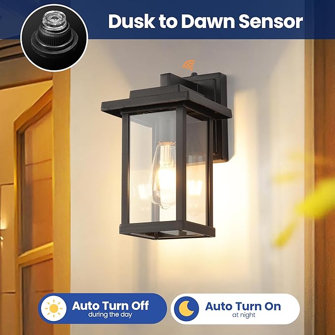 Outdoor Wall Light Fixtures, Modern Exterior Wall Mount Lanterns, Outside Wall Sconces in Black Finish with Clear Glass for Porch Patio Farmhouse, 2-Pack