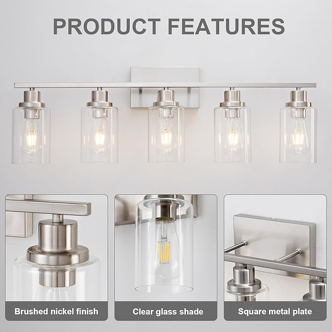 5 Light Bathroom Light Fixtures Brushed Nickel Vanity Light Over Mirror Modern Farmhouse Wall Lighting Sconces Wall Lamp for Bathroom, Bedroom, Living Room E26 Socket with Glass Shade