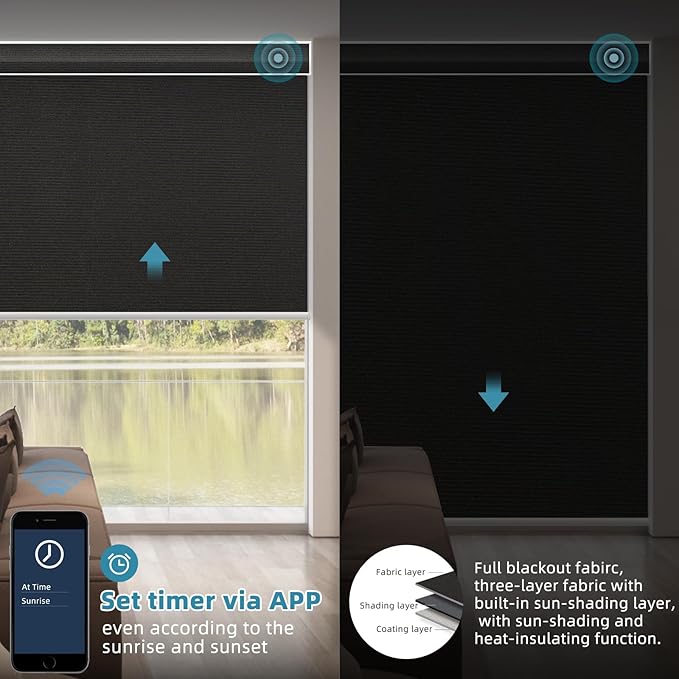 SmartWings Motorized Smart Blinds with Remote, Custom Automatic 100% Blackout Roller Shade Compatible with Alexa/Homekit/Google, Electric Smart Blinds for Indoor Windows, Eclipse Black
