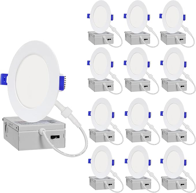 LAMPHOME 12-Pack of 4-Inch Slim LED Recessed Lights with Junction Box, Adjustable Color Temperatures (2700K-5000K), 9W Equivalent to 75W, Dimmable, 950LM Brightness - ETL and Energy Star Certified