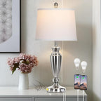 27" Silver Table Lamps for Living Room Single, 3 Way Touch Control Bedside Lamps with USB A+C Ports, Modern Brushed Nickel Bedroom Lamp, Metal Tall Lamp for Nightstand Desk Side Table Office