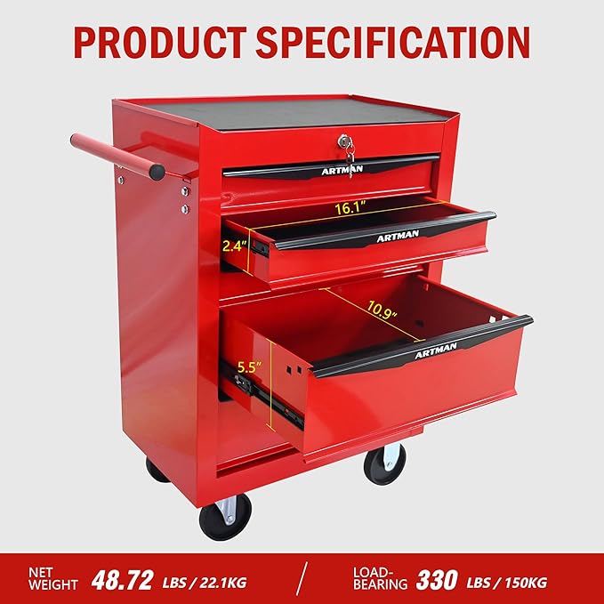 5 Drawers Rolling Tool Box on Wheels, Multifunctional Tool Chest Cabinet with Lock, Drawers Rolling Tool Cart Trolley Organizer Tool Storage Case for Warehouse,Garage,Workshop (Red)