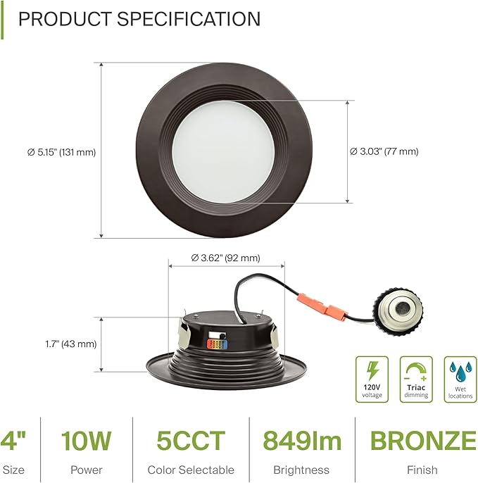 ASD 4 Inch Retrofit LED Recessed Lighting | Metal Trim Bronze 10W 849LM 120V 2700K-5000K Adjustable Ceiling Downlights | Triac Dimmable Wet Rated Room Can Lights, ETL Energy Star, 6 Pack