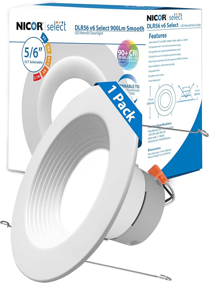 NICOR DLR56609120SWHBF DLR56(v6) 5/6-inch White 900 Lumen Selectable Recessed LED Downlight with Baffle