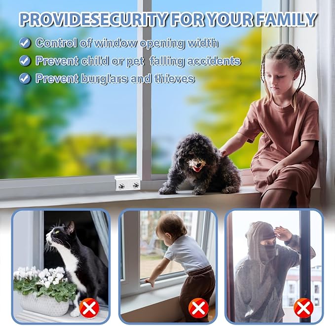 Sliding Window Locks,for Horizontal Sliding Windows,Window Security Lock with Key,Adjustable Aluminum Easv to Install Window Stopper,Window Locks for Up and Down Windows (8 Sets Silver)