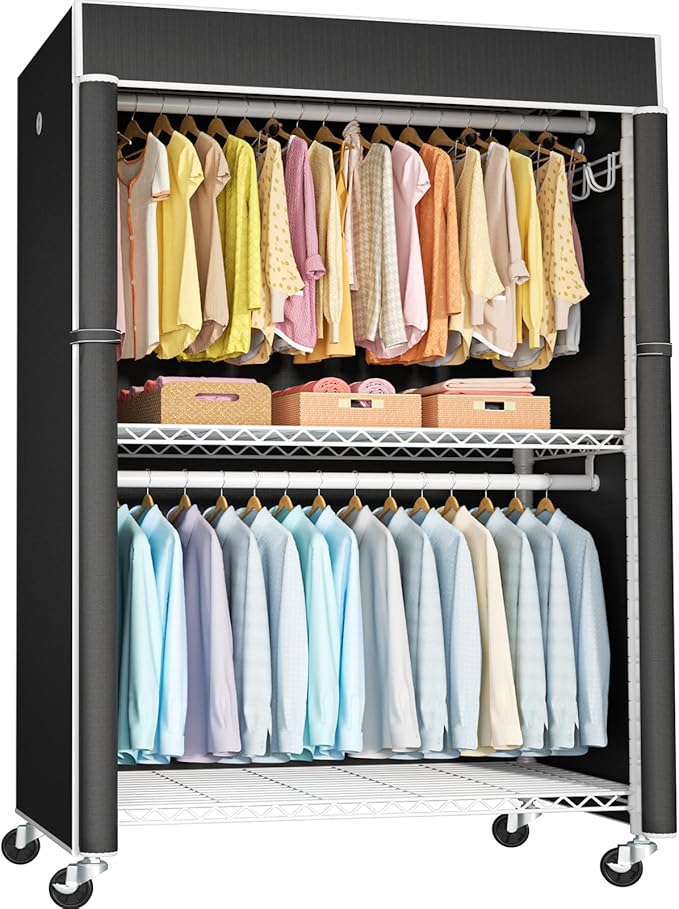 FUTASSI White Clothing Rack with Black Cover, P1C Plus Rolling Closets with Wheels, Metal Garment Rack for Hanging Clothes, Clothing Storage Wardrobe, 46" W x 18.5" D x 80.7" H, Load 524 Pounds